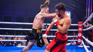 BKB bare-knuckle boxers, Tyler Goodjohn (left) and Paulie Malignaggi (right) aim punches at one another - Planet Ice, Leeds, October 2025.