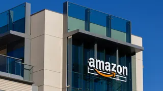 Palo Alto, CA, USA - Feb 18, 2020: The Amazon logo seen at Amazon campus in Palo Alto, California. The Palo Alto location hosts A9 Search, Amazon Web Services, and Amazon Game Studios teams.