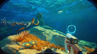 Someone holds up a pistol underwater.