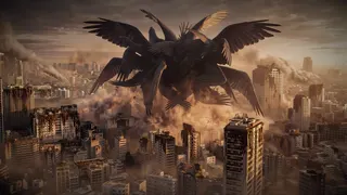 A giant floating monster above a blasted cityscape.