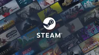 Steam logo with a slanted tile wall of games behind it