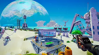 Looking across a tropical beach biome in The Planet Crafter