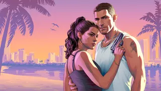 Artwork showing GTA 6's Jason and Lucia standing together against a pink background. Lucia has a black tank top on and his holding a gun up. Jason is in a white vest